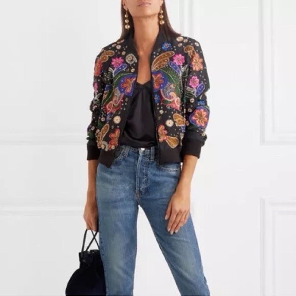 Alice + Olivia Black Floral Embroidered Bomber Jacket